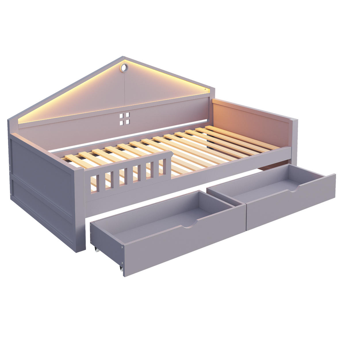 KINDERBETT 90/200 cm grau aus Massivholz und MDF mit LED-Lichtleiste und Schubladen - Grau, Holz (90/200cm) - OKWISH