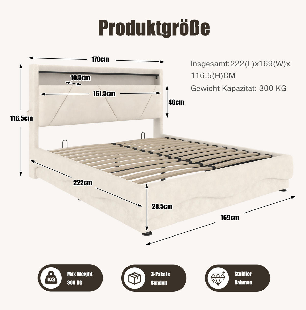 POLSTERBETT 160/200 cm aus Samt mit LED und Stauraum Beige - Beige, Textil (160/200cm) - Modenvie