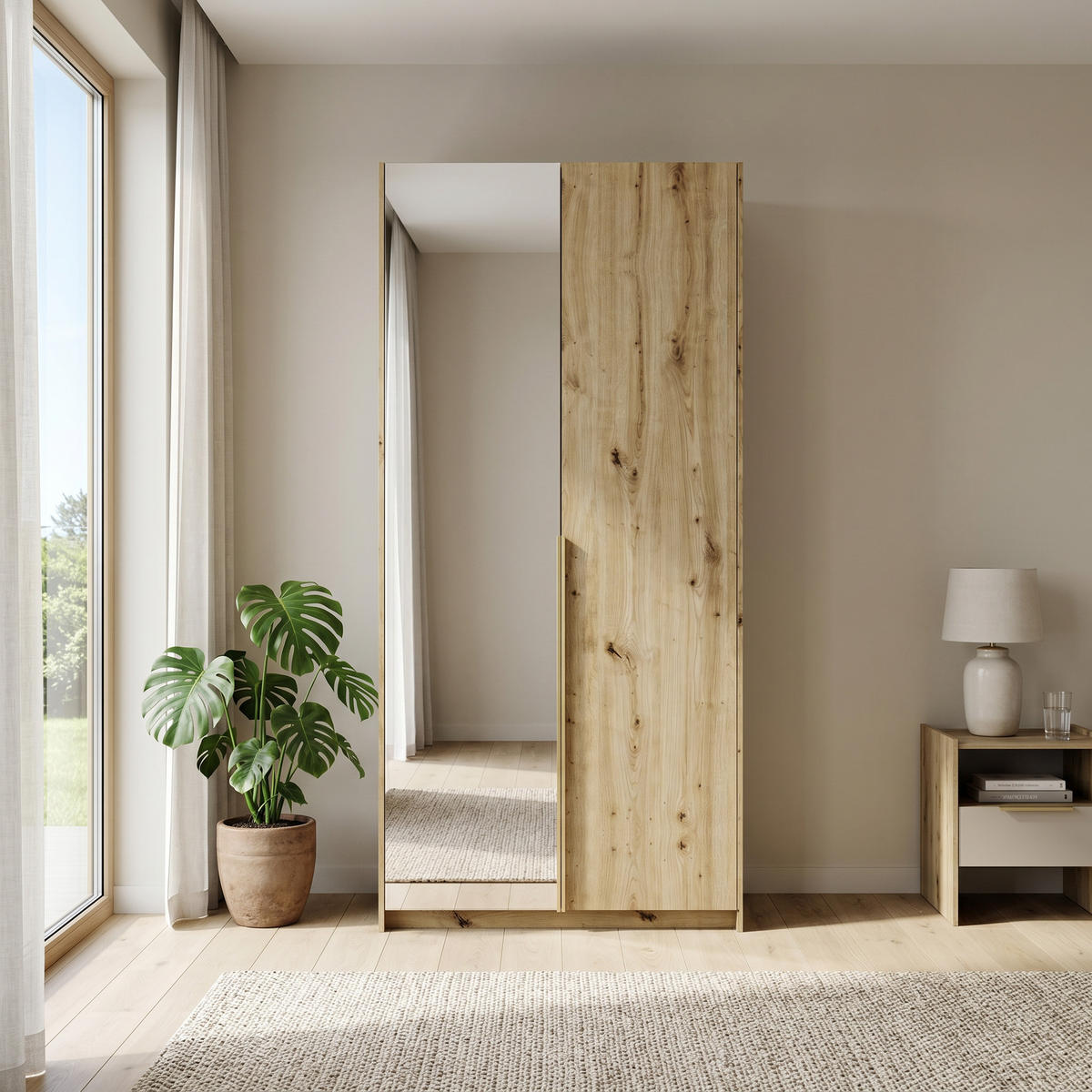 DREHTÜRENSCHRANK THALIA 100/204/58cm 2-türig mit Spiegel Eiche Artisan - Eiche Artisan, Holzwerkstoff (100/204/58cm) - MASSENO