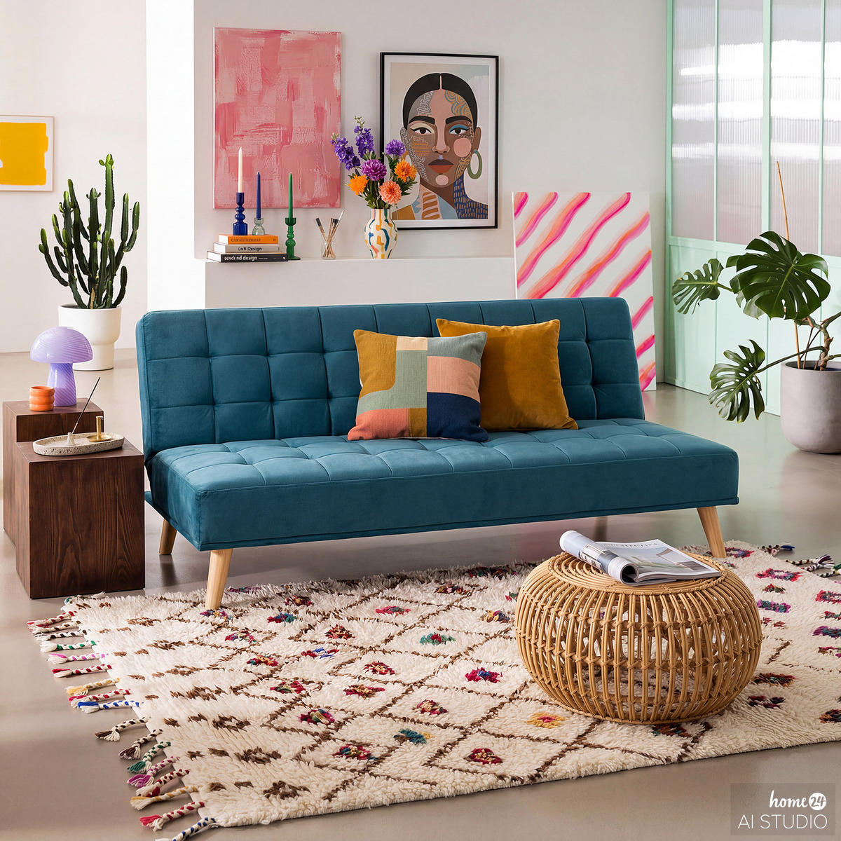 SCHLAFSOFA - Hellbraun/Dunkelblau, Holz/Birkenholz (180/81/86cm) - home24
