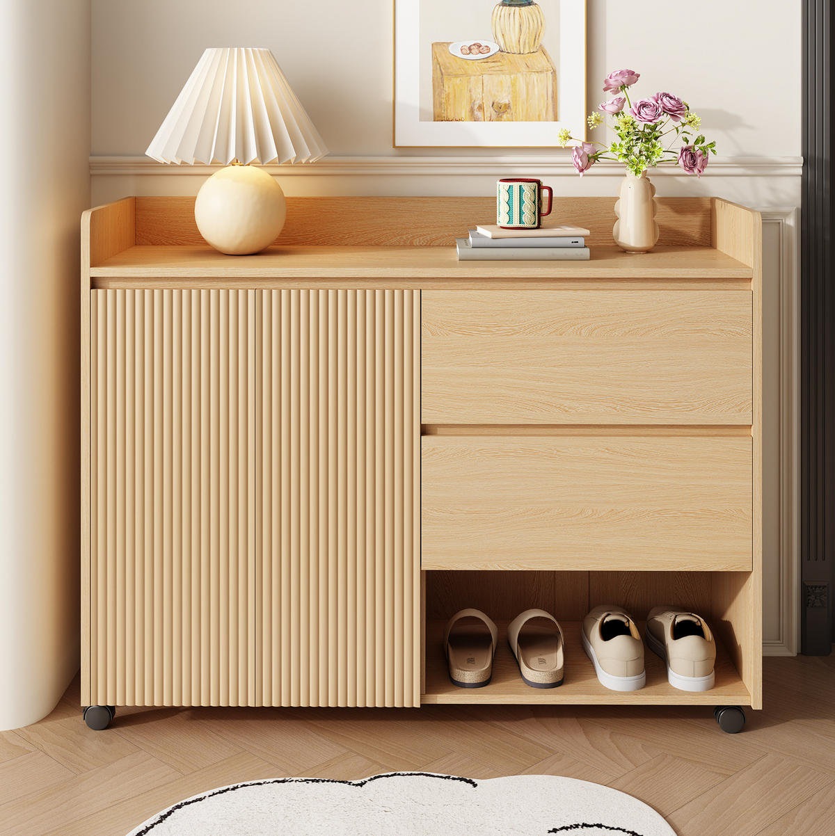 SCHUHSCHRANK 110/35/86 cm Natur aus MDF mit Rollen und Schubladen - Naturfarben, Holzwerkstoff (110/86/35cm) - OKWISH
