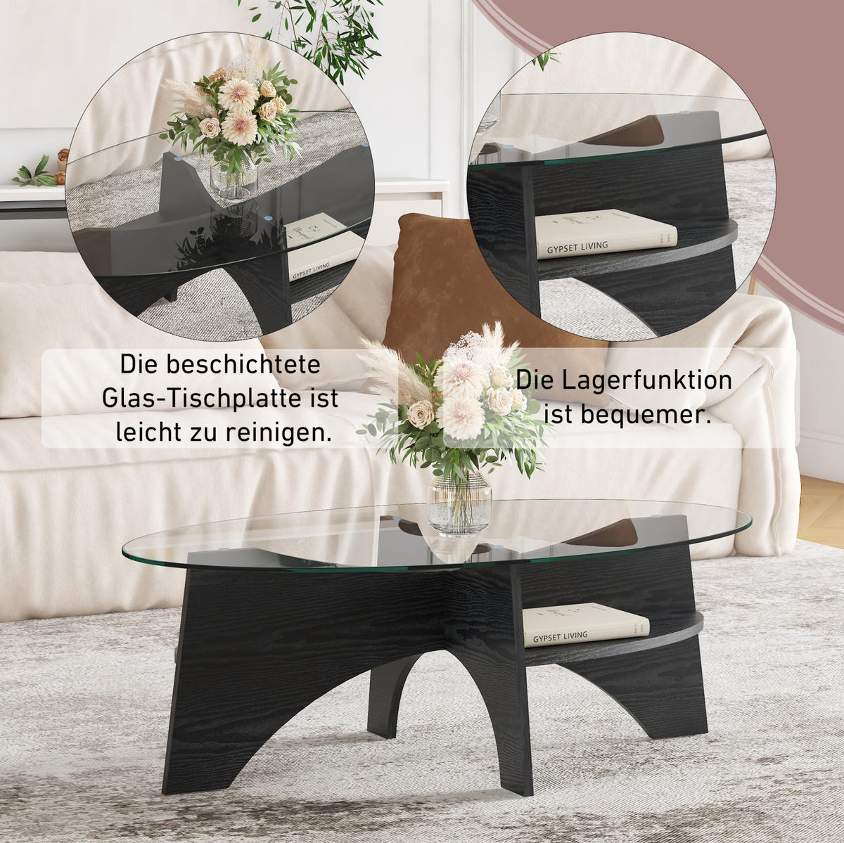 COUCHTISCH 104,9/60/35,6 cm mit Sicherheitsglasplatte und fächerförmigem MDF-Gestell, Schwarz/Transparent - Schwarz, Holzwerkstoff (104.9/60/35.6cm) - Redom
