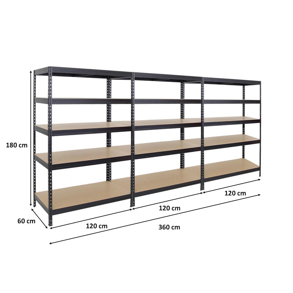SCHWERLASTREGAL Rivet 3er-Set mit 3x 180x120x60 cm Fachlast 250 kg Schwarz - Schwarz, Metall (360/180/60cm) - PROREGAL