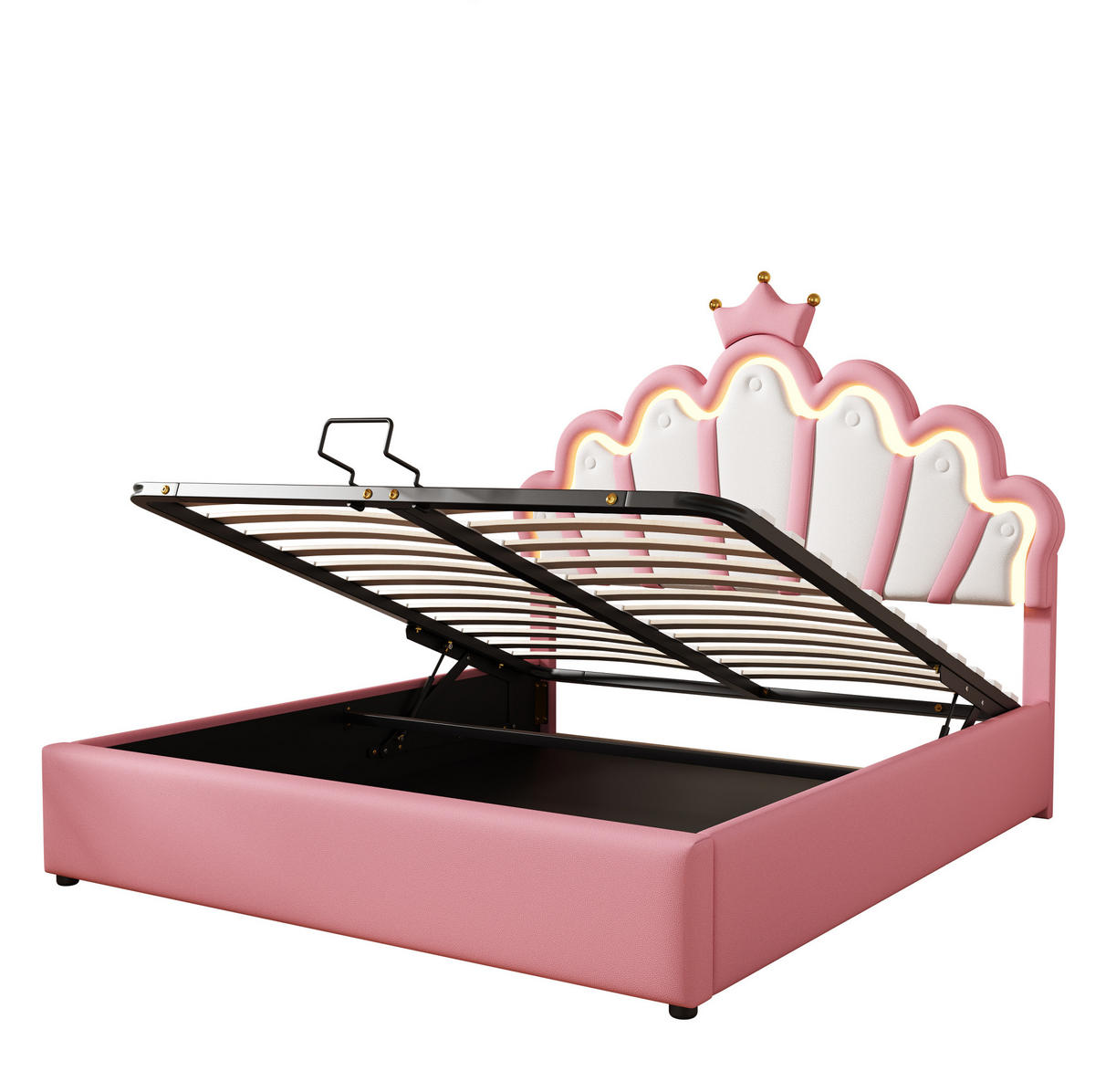 POLSTERBETT 140/200 cm mit LED-Beleuchtung, hydraulischem Bettkasten und Kronen-Kopfteil, Rosa - Rosa, Kunststoff (140/200cm) - Redom