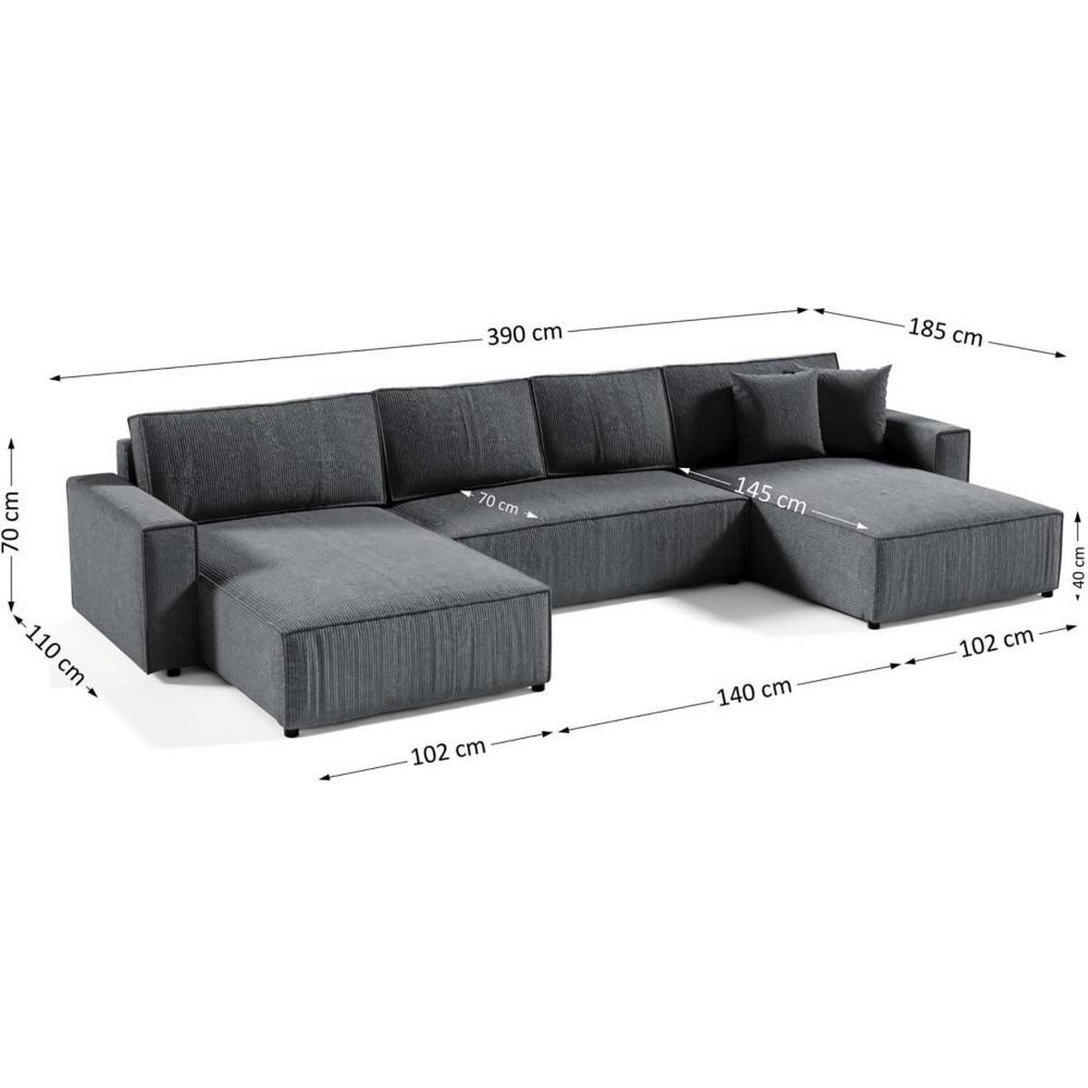 WOHNLANDSCHAFT Parys U mit Schlaffunktion grau - Schwarz/Grau, Kunststoff/Textil (390/70/185cm) - Beautysofa