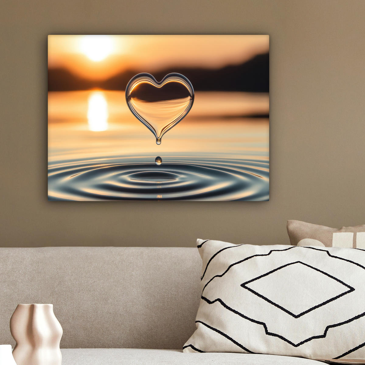 LEINWANDBILD - Herz - Wasser - Sonnenuntergang - Natur - Zen - 40x30 - Wanddeko - Bernsteinfarben, Textil (40/30cm) - MuchoWow