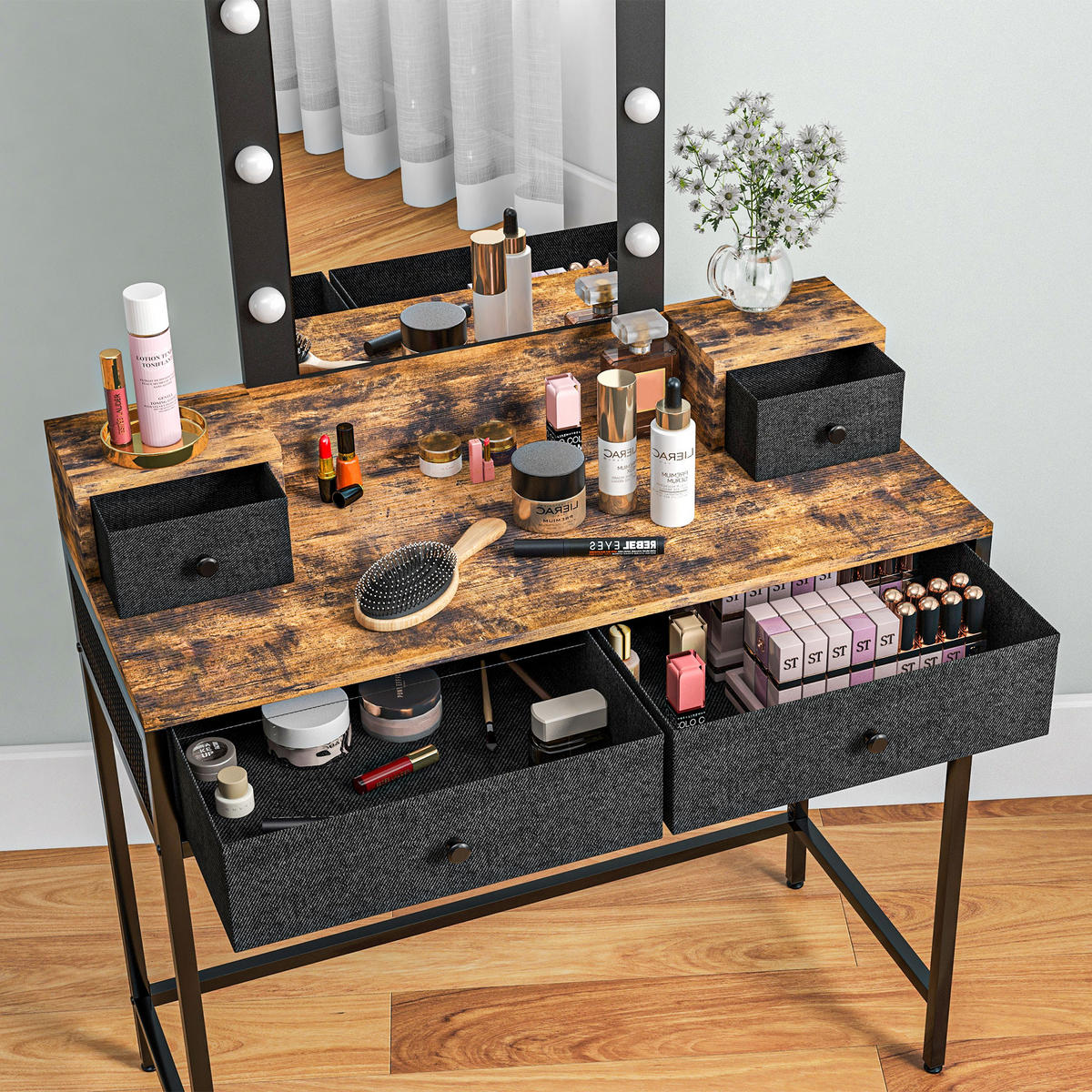 SCHMINKTISCH DE-18291 Dunkles Holz/Schwarz - Braun, Holzwerkstoff (40/148/90cm) - ComfortXL