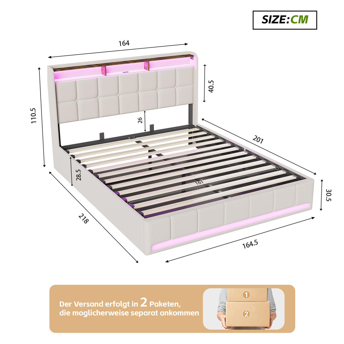 POLSTERBETT 160x200 cm Beige mit LED Beleuchtung, Kopfteil mit Stauraum und USB/Type-C, hydraulisches Stauraumbett - Beige, Metall (160/200cm) - EuroLiving