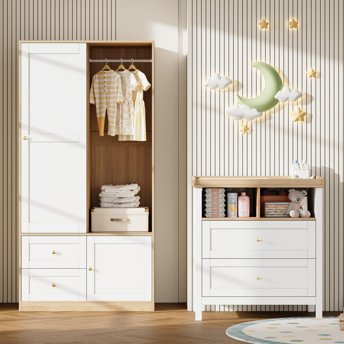 GARDEROBENSCHRANK mit Schiebetüren,mit Schutzgitter, 90/50/180 cm + 82/50/90 cm - Weiß/Naturfarben, Holzwerkstoff/Metall (90/180/50cm) - EVRYAE