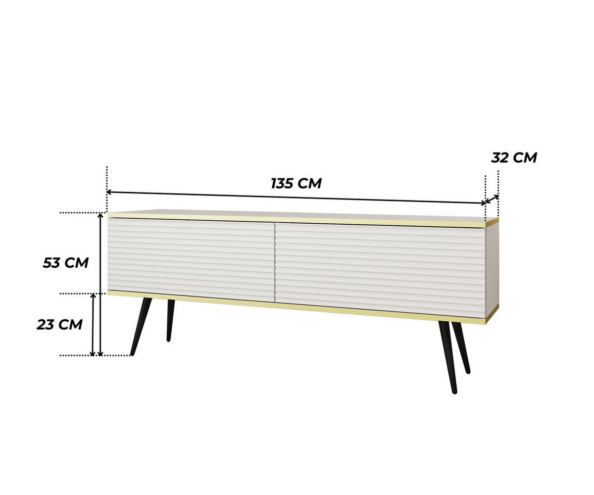 TV-BOARD FORNO (Weiß, Rillenfront, Goldene Details, 2 Klapptüren, schwarze Metallfüße, 135 cm) - Schwarz/Weiß, Holz/Holzwerkstoff (135/53/32cm) - Ravio