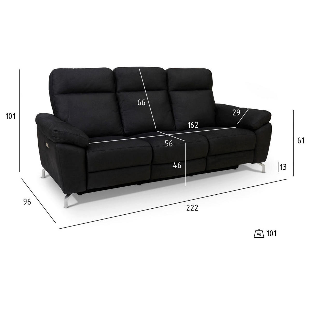 DREISITZER-SOFA Mikrofaser Schwarz - Schwarz, Leder/Metall (222/101/96cm) - Furnhouse