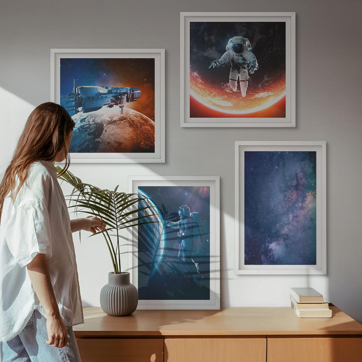 WANDBILDER 4er-Set - 50x50 cm & 40x60 cm Weißer Rahmen - Weltraum-Astronauten-Sterne - Weiß, Kunststoff (50/50cm) - ArtPrintCave