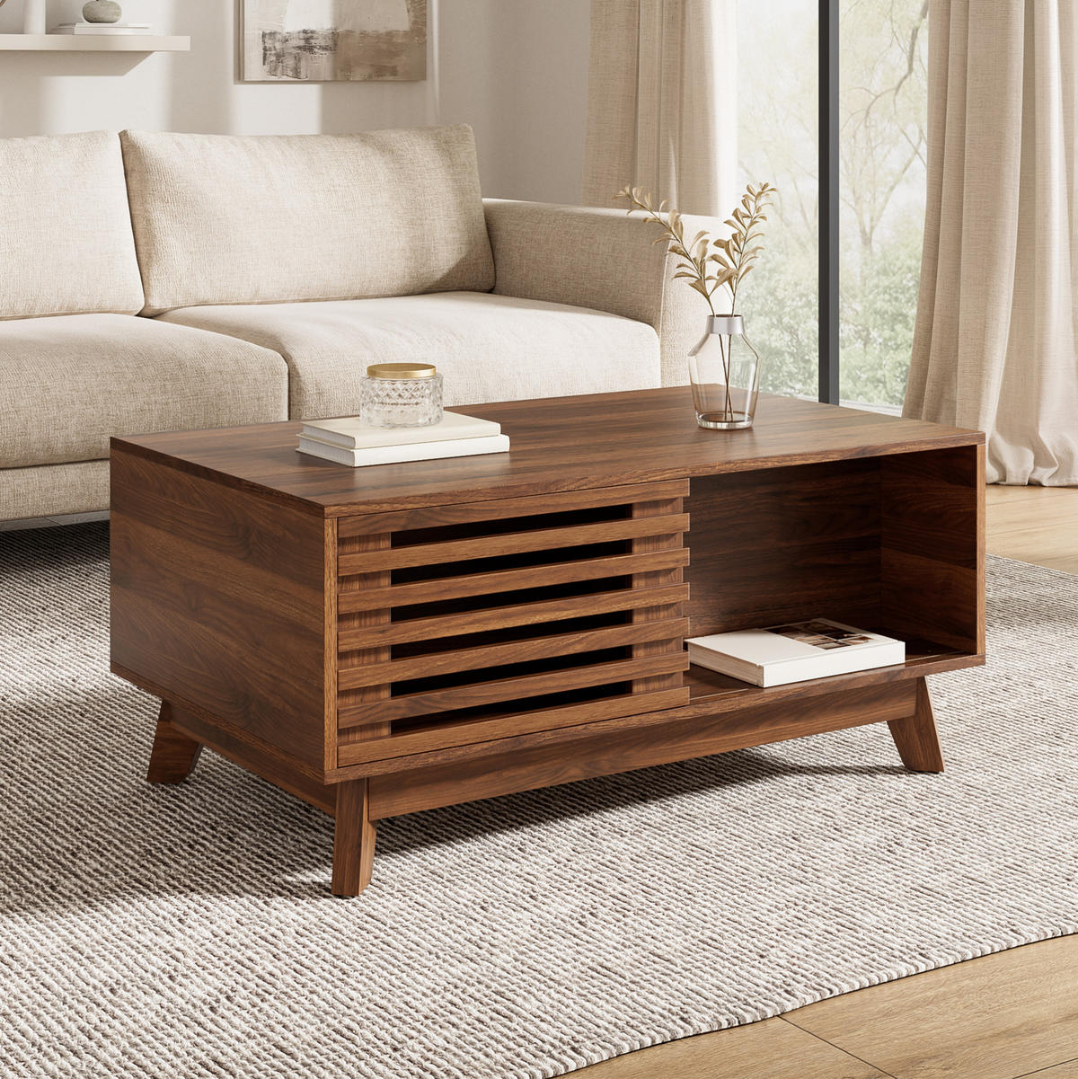 COUCHTISCH aus MDF 90x55x57,5 cm in Nussbaum mit höhenverstellbarer Platte - Nussbaumfarben, Holzwerkstoff (90/55/57.5cm) - Modfu