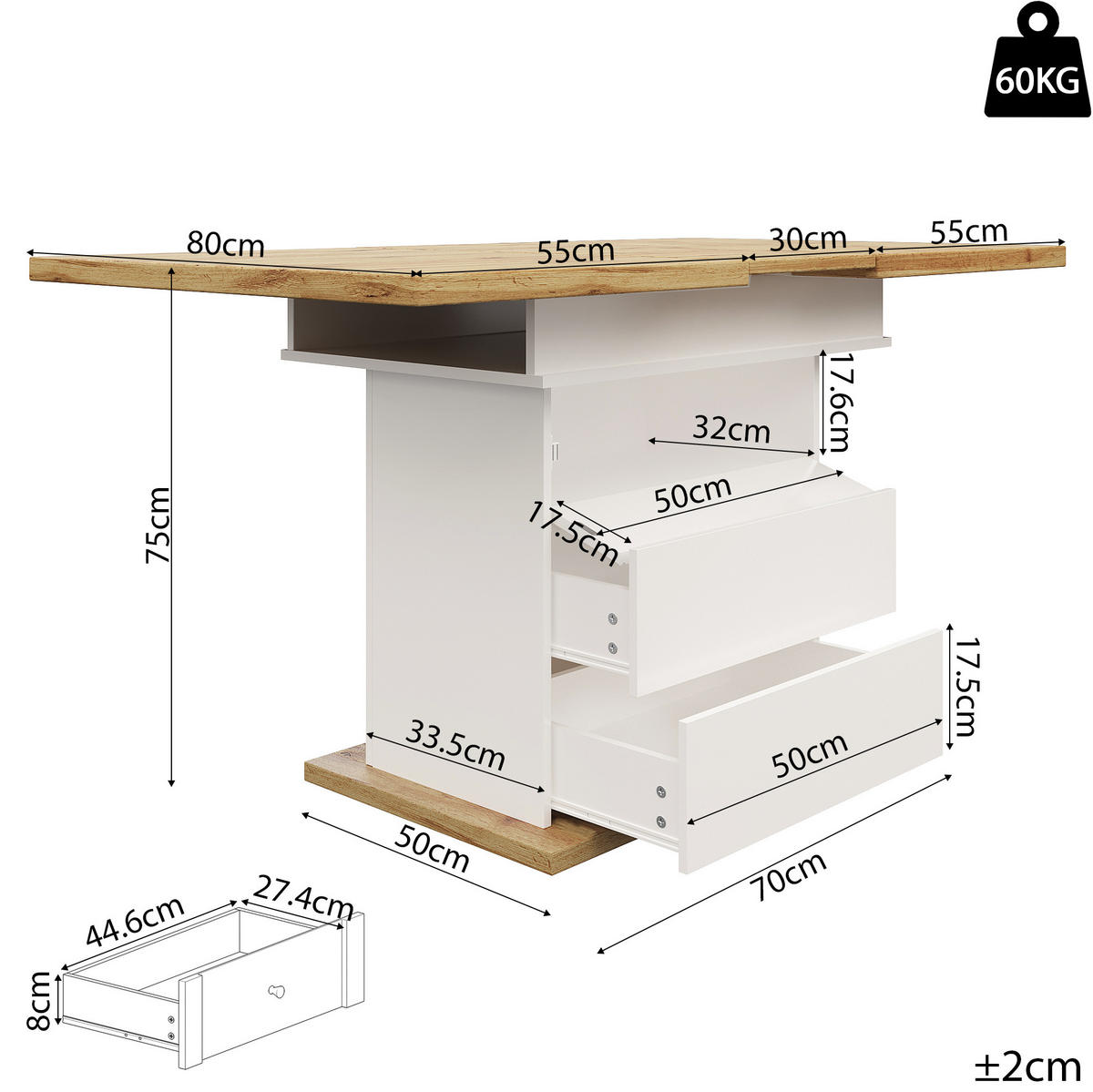 ESSTISCH aus MDF 110-140x80x75 cm Natur/Weiß ausziehbar mit Stauraum und Soft-Close-Klappe - Weiß, Holzwerkstoff (140/80/75cm) - Modfu