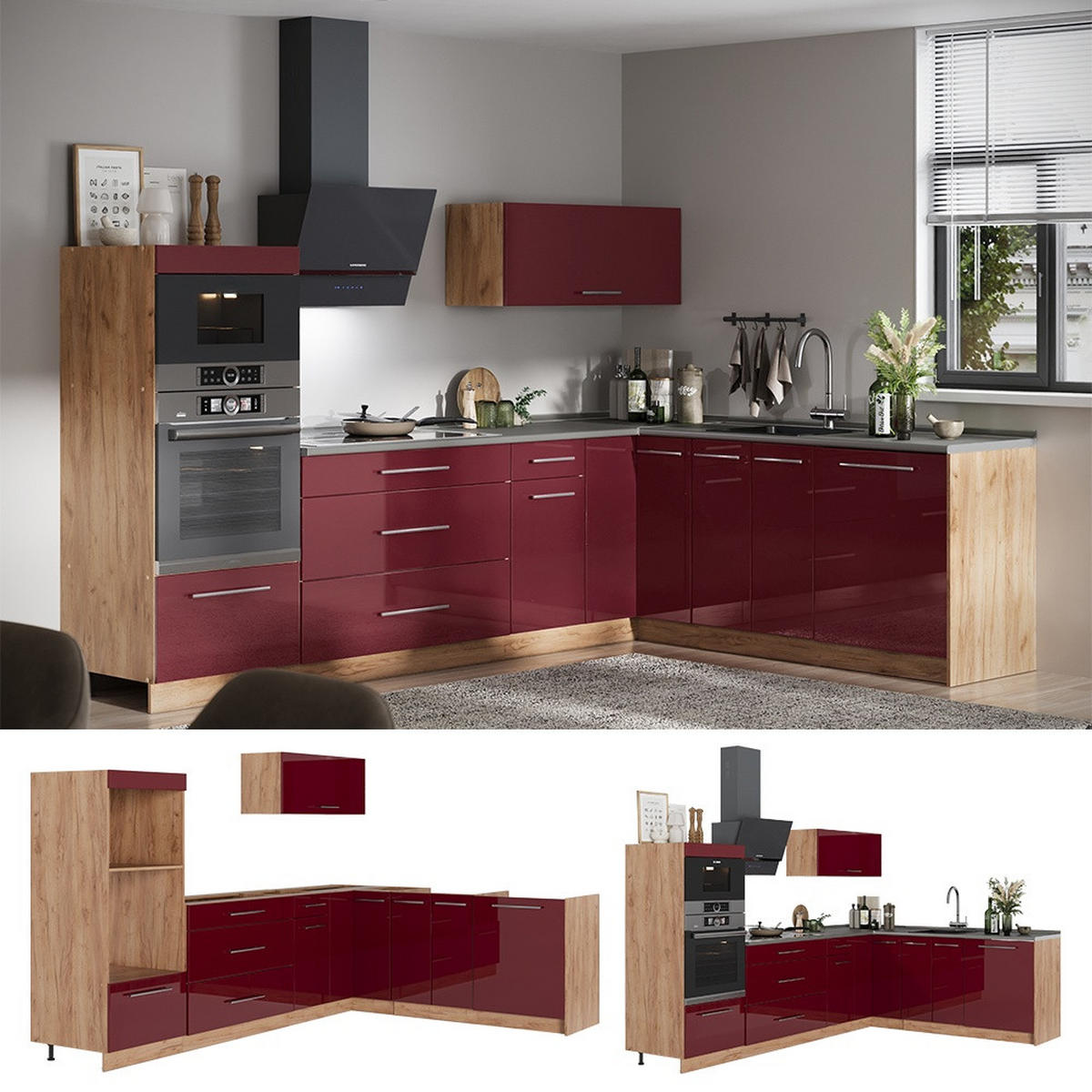 KUHINJA U OBLIKU SLOVA L Fame-Line, Bordo visokog sjaja/Hrast zlatnog tona, 287 x 207 cm bez radne ploče - hrast medunac/bordo, drvni materijal (287/153.6/51.6cm) - Vicco