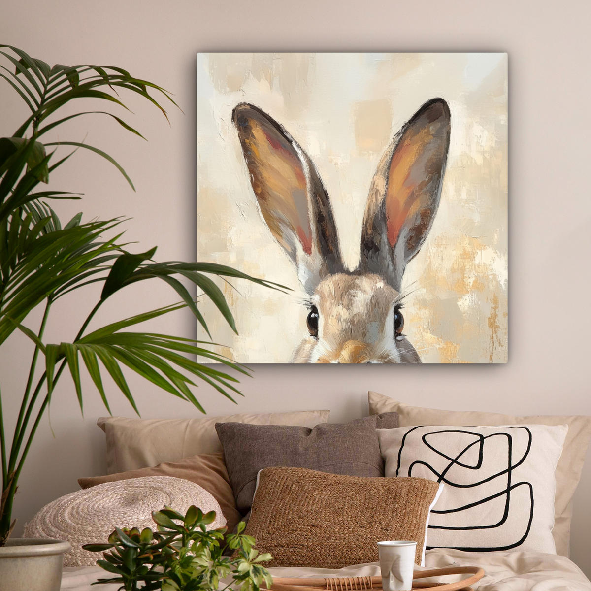 LEINWANDBILD Hase - Ohren - Braun Deko Groß 90x90 cm - Beige, Textil (90/90cm) - MuchoWow