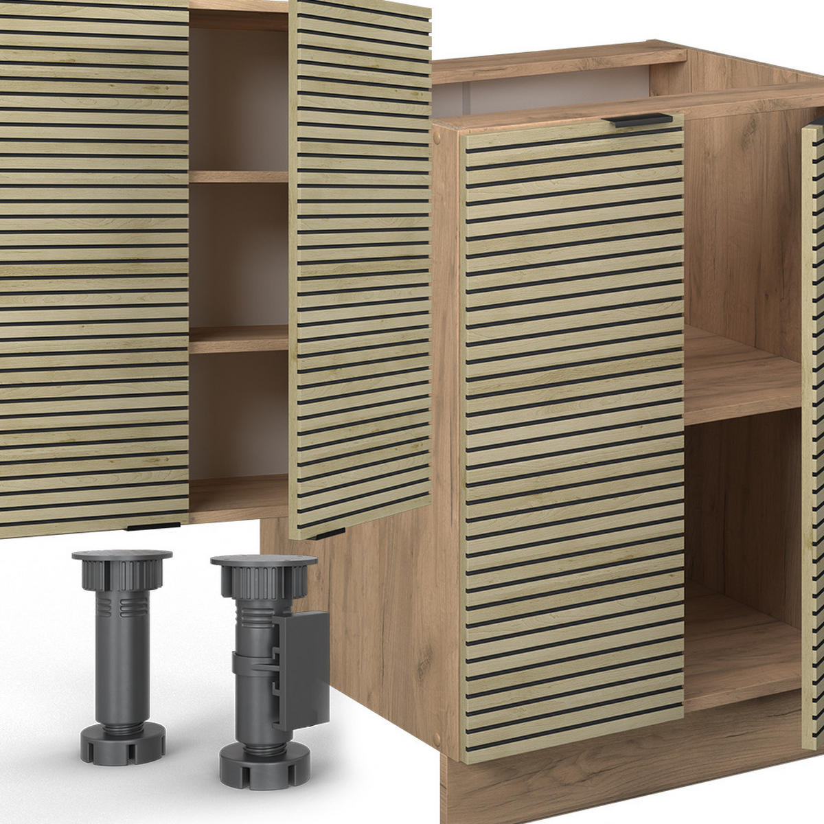 KÜCHENZEILE Fame-Line Eiche Paneel/Goldkraft Eiche 300 cm mit Hochschrank, AP Marmor - Honigeiche/Hellbraun, Holzwerkstoff (300/81.6/60cm) - Vicco