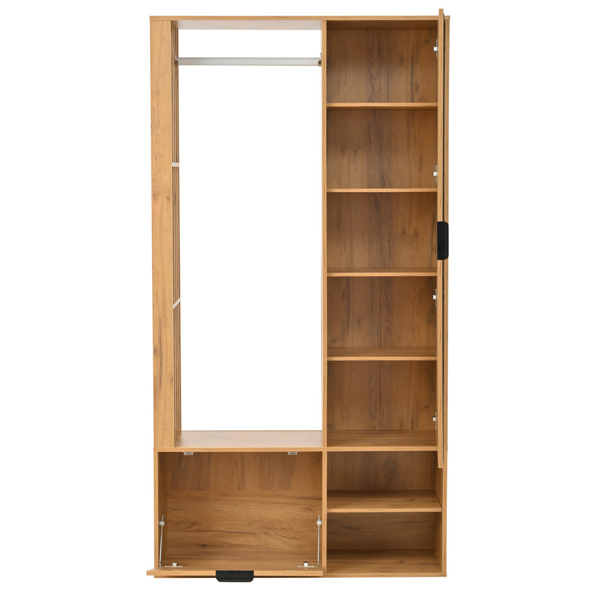 GARDEROBENSCHRANK mit Spiegel 100 x 33 x 190 cm Holzoptik mit 9 Ablagefächern - Braun, Holzwerkstoff (33/190/100cm) - Beauniv