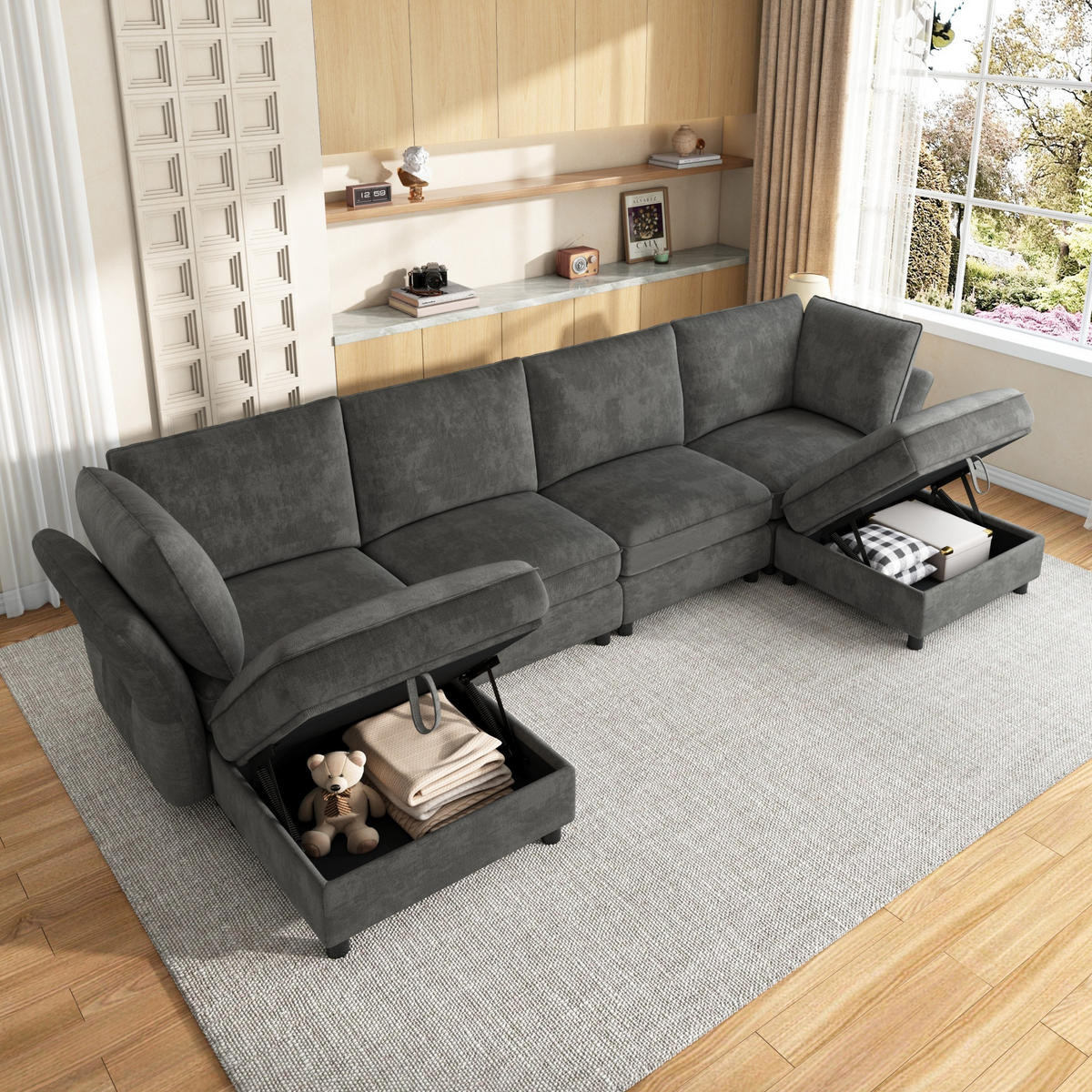 ECKSOFA mit 2 Stauraum-Hockern und Taschenfedern aus Chenille - Grau, Textil (289/137cm) - EVRYAE