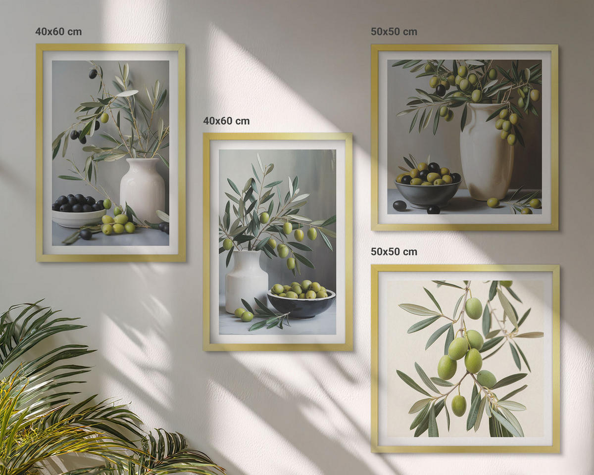 WANDBILDER 4er Set - 50x50 cm & 40x60 cm Goldrahmen - Oliven in grauen Vasen - Goldfarben, Kunststoff (50/50cm) - ArtPrintCave