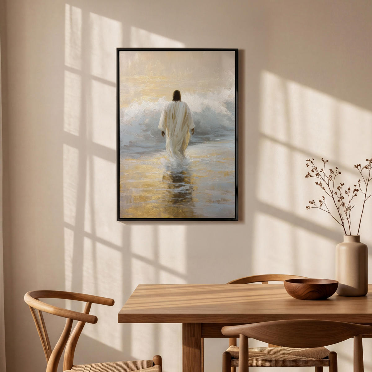 LEINWAND Bilder mit Rahmen - Gemälde - Welle - Jesus - Abstrakt - 60x90 - Goldfarben, Textil (60/90cm) - MuchoWow