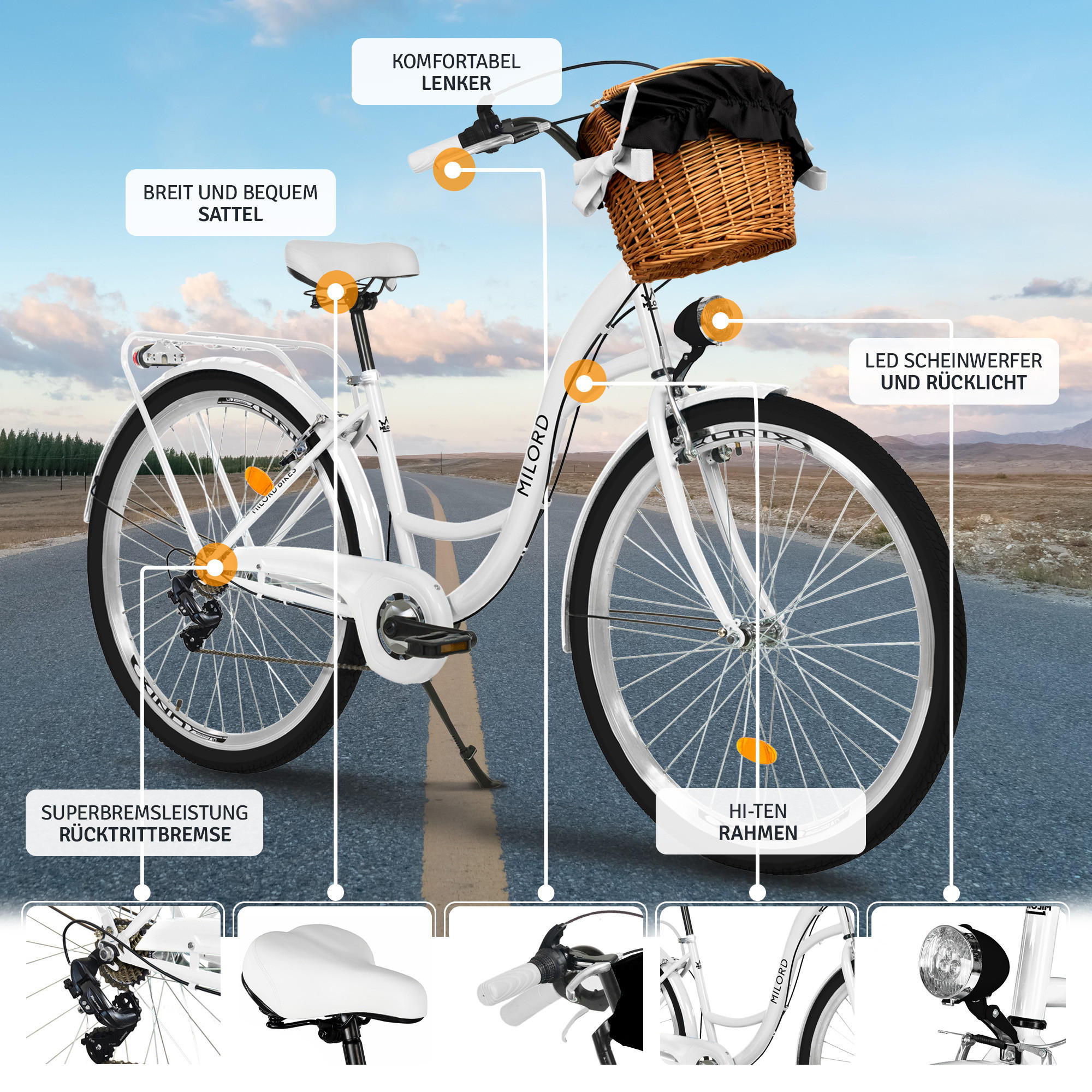 CITY-FAHRRAD Milord mit Weidenkorb, 26 Zoll, Weiß, 7-Gang - Weiß, Metall (46cm) - Milordbikes