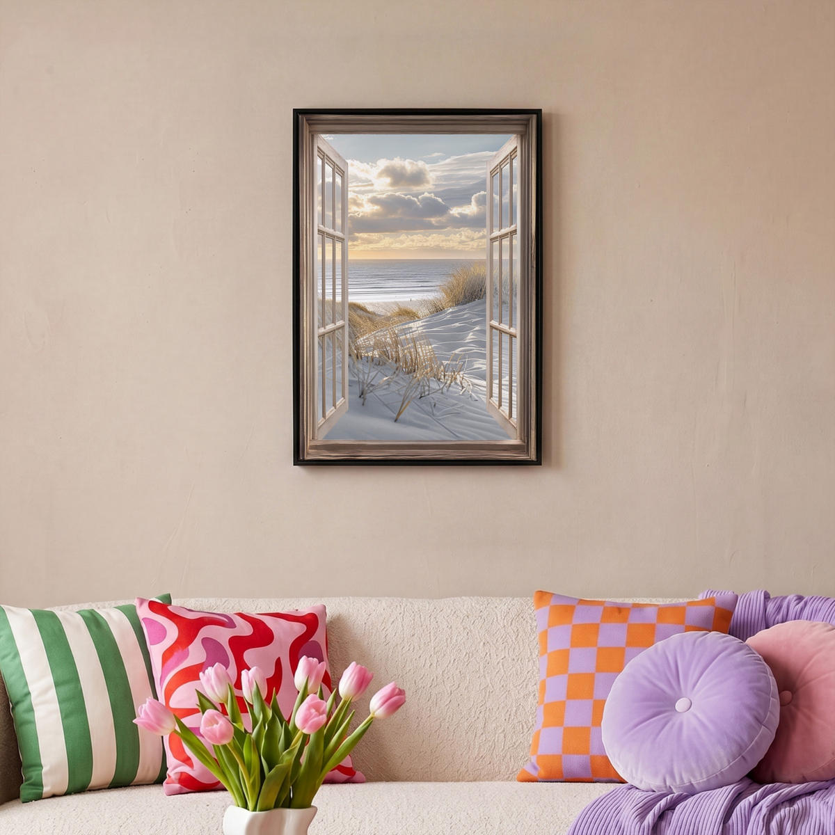 LEINWAND Bilder mit Rahmen - Ausblick - Strand - Dünen - Meer - Natur - 40x60 - Sandfarben, Textil (40/60cm) - MuchoWow