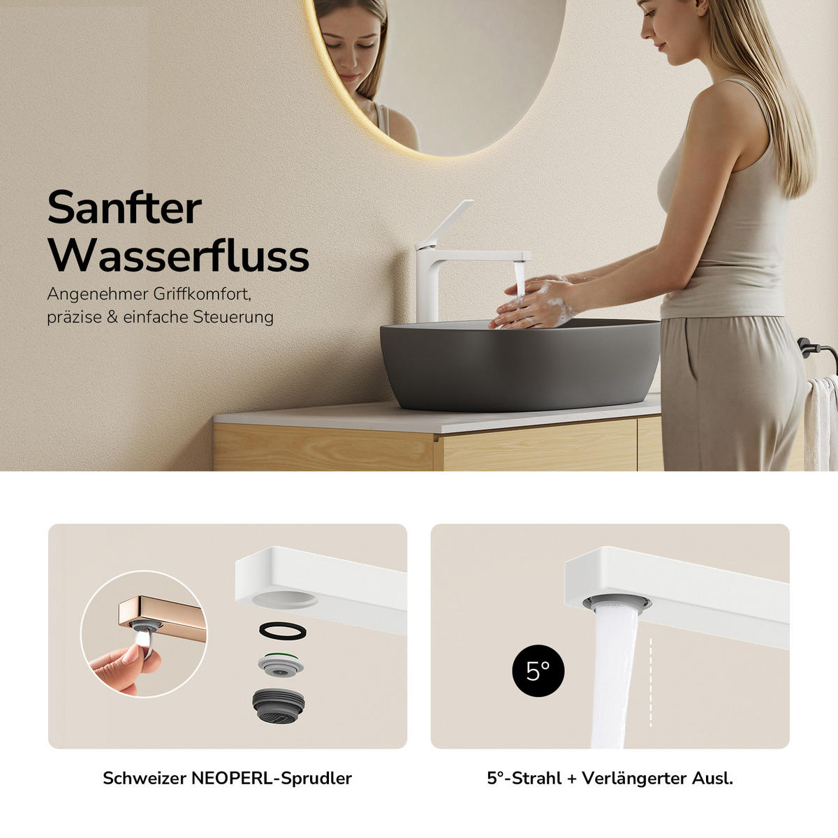 WASCHTISCHARMATUR mit Zertifiziertem Filterelement Weiß Matt Hoher Stil - Weiß, Metall (23.3/4.6/33.5cm) - EMKE