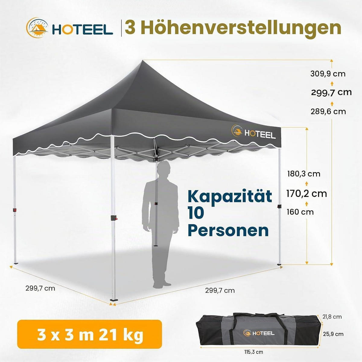 FALTPAVILLON 3x3m Grau mit 4 Seitenwänden Wasserdicht UV Schutz 50+ - Grau, Textil (22/26/118cm)