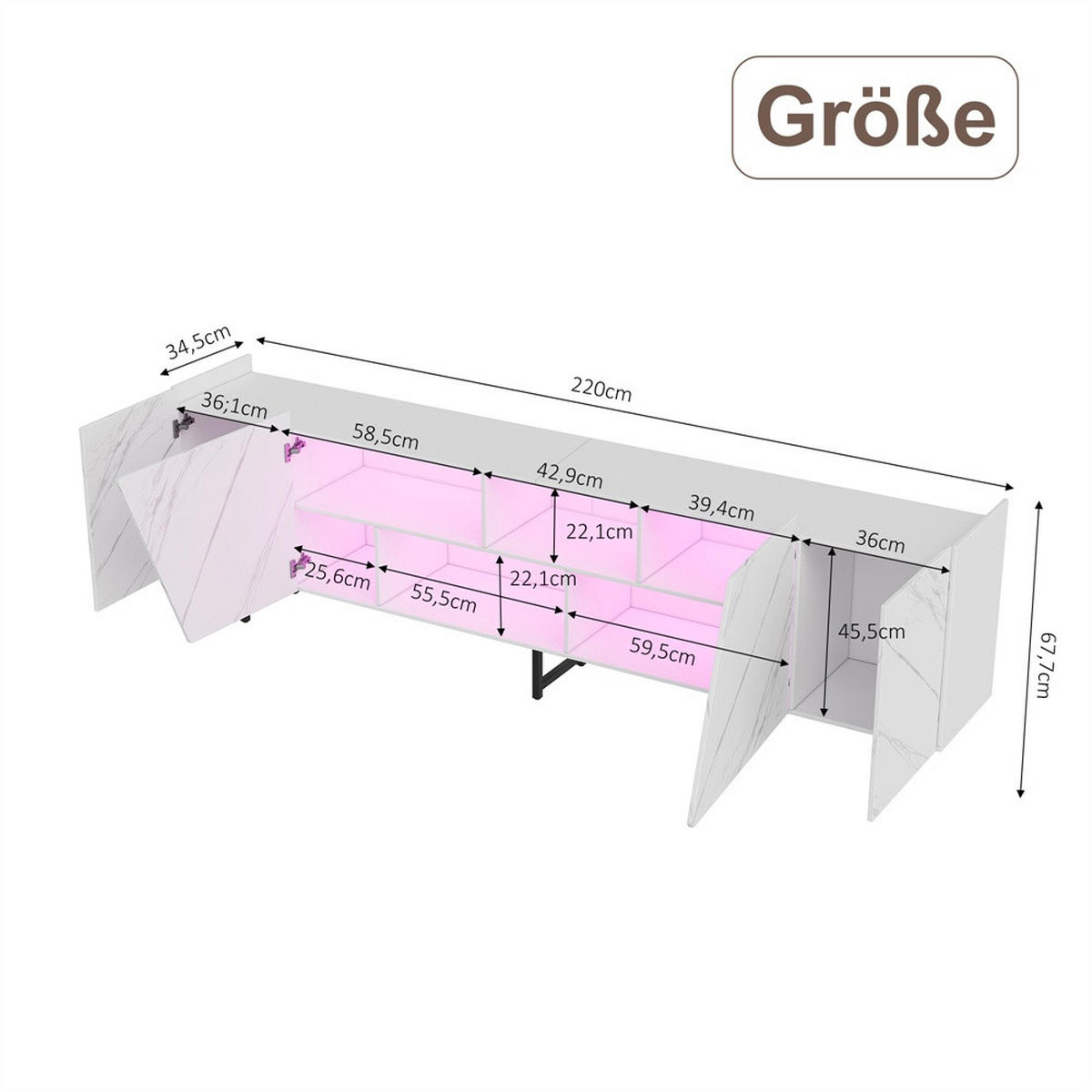 TV-LOWBOARD - TV-Schrank mit LED-Beleuchtung und offenem Ausstellungsbereich - Marmoroptik Weiß - Weiß, Holzwerkstoff (34.5/67.7/220cm) - DELFA