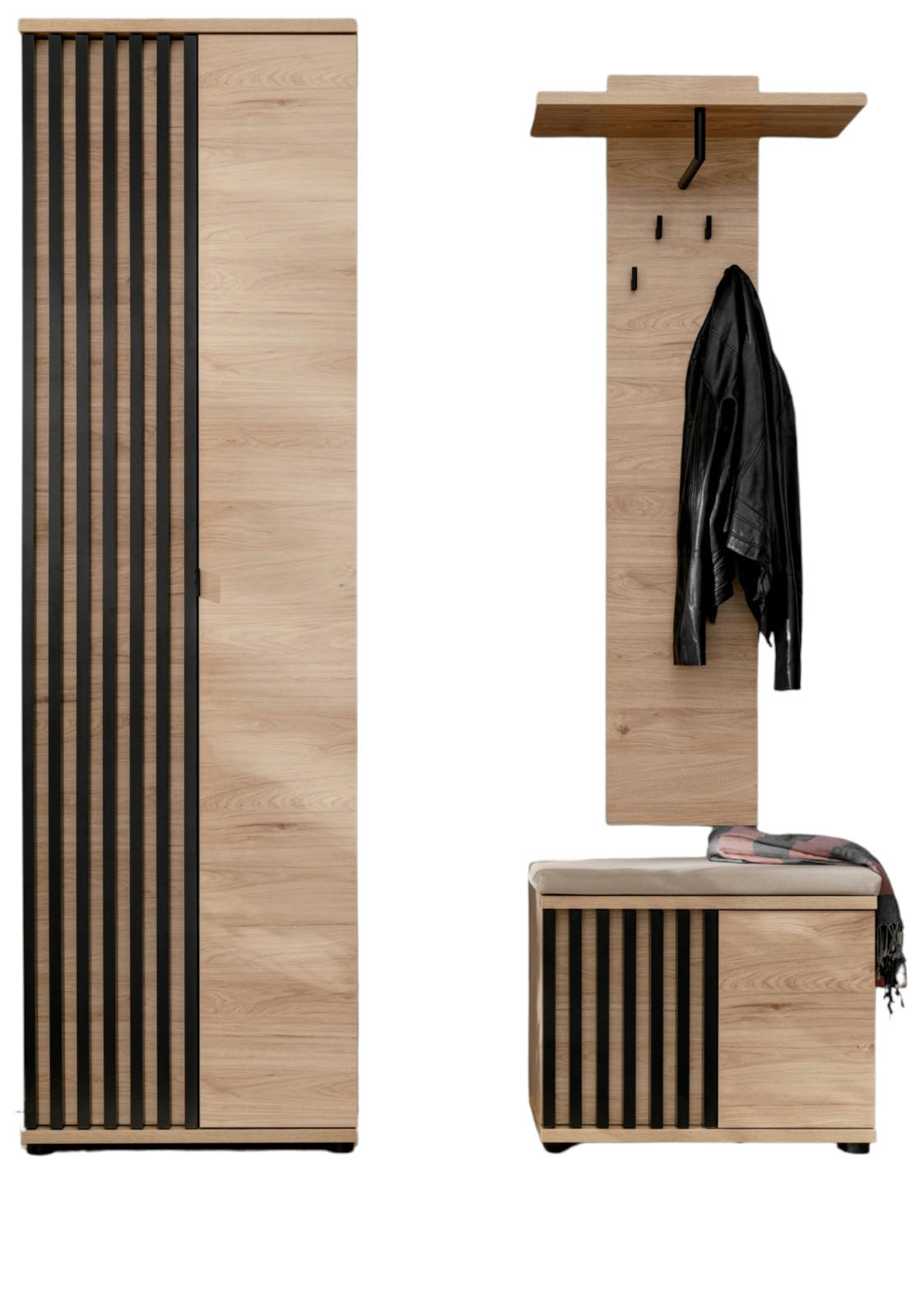 GARDEROBE Set 3-teilig Eiche Jackson, schwarz 140 cm, Garderobenkombination mit 3D-Lamellen - Eichefarben/Schwarz, Holzwerkstoff/Kunststoff (130/202/35cm) - Furn.Design