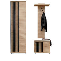 GARDEROBE Set 3-teilig Eiche Jackson, schwarz 140 cm, Garderobenkombination mit 3D-Lamellen - Eichefarben/Schwarz, Holzwerkstoff/Kunststoff (130/202/35cm) - Furn.Design