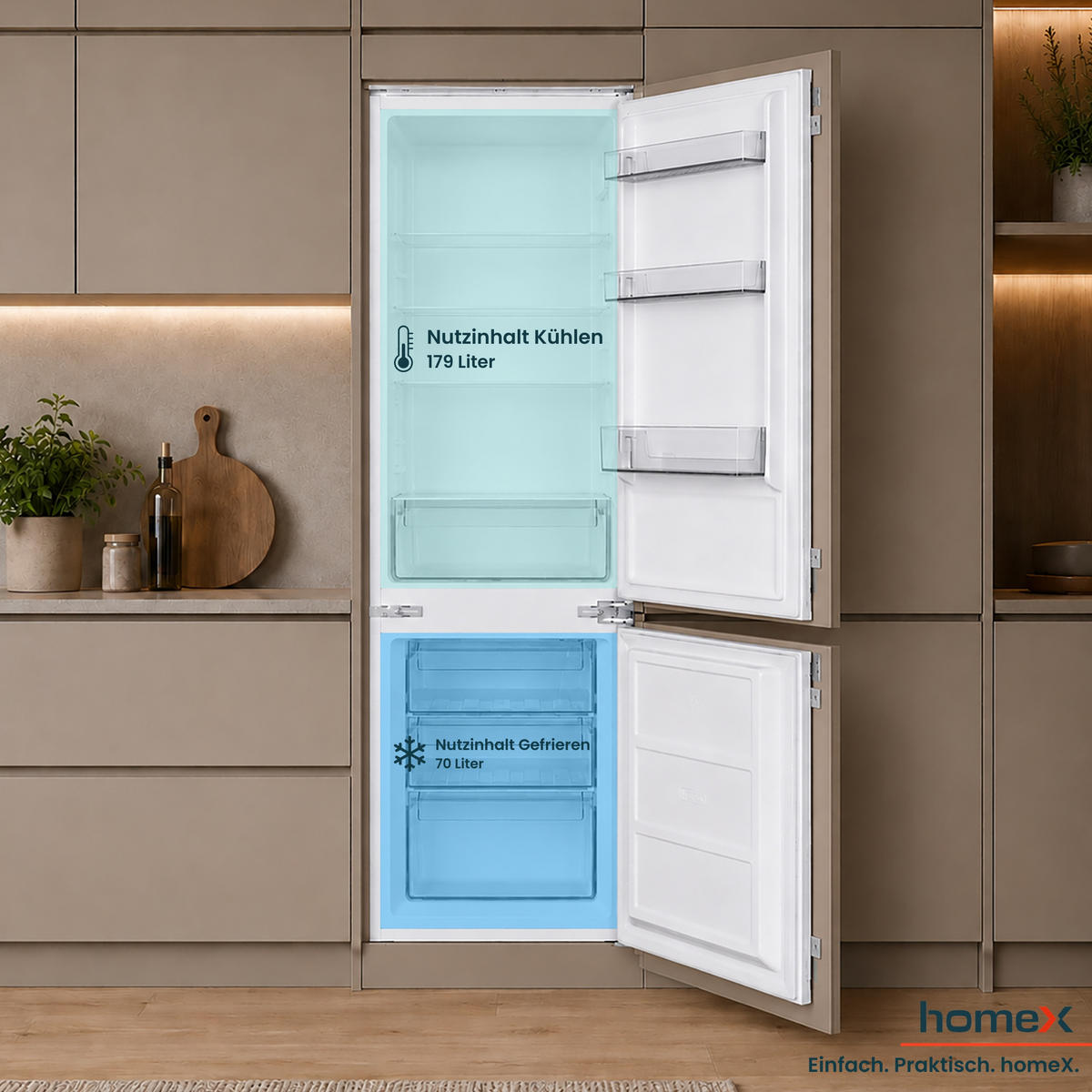 KÜHL-GEFRIER-KOMBINATION Einbau, 178cm Nische, 249 Liter, Schlepptürtechnik, Einbaukühlschrank mit Gefrierfach, CFB2491E - Weiß, Glas/Kunststoff (54/178/54cm) - homeX