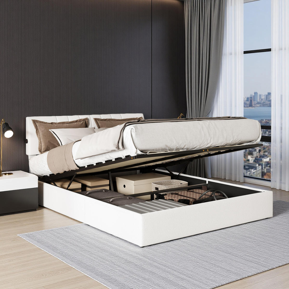 POLSTERBETT 140/200 cm creme Teddy mit Stauraum USB - Weiß, Holz