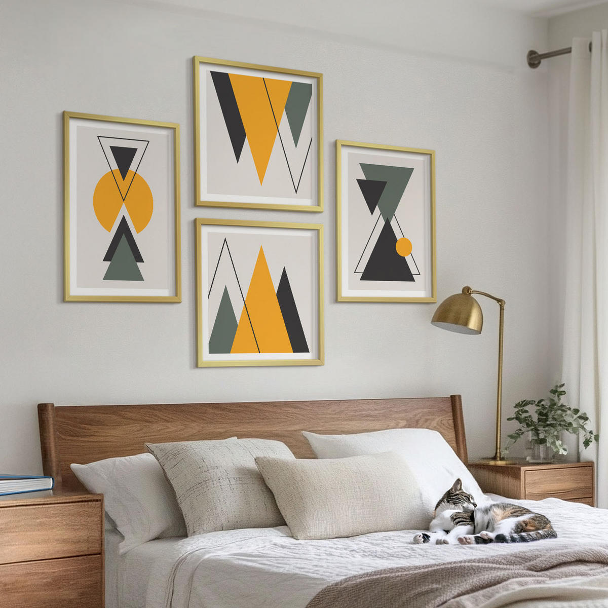 BILDER SET 4er Set - 50x50 cm & 40x60 cm Goldrahmen - Abstrakte geometrische Formen - Goldfarben, Kunststoff (50/50cm) - TULUP