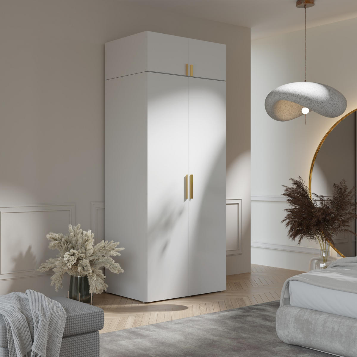 DREHTÜRENSCHRANK mit Aufsatz Napoli 2D 100 Weiß (schwarzer oder goldener Griff) - Silberfarben/Schwarz, Holzwerkstoff/Kunststoff (100/35/60cm) - mzm24