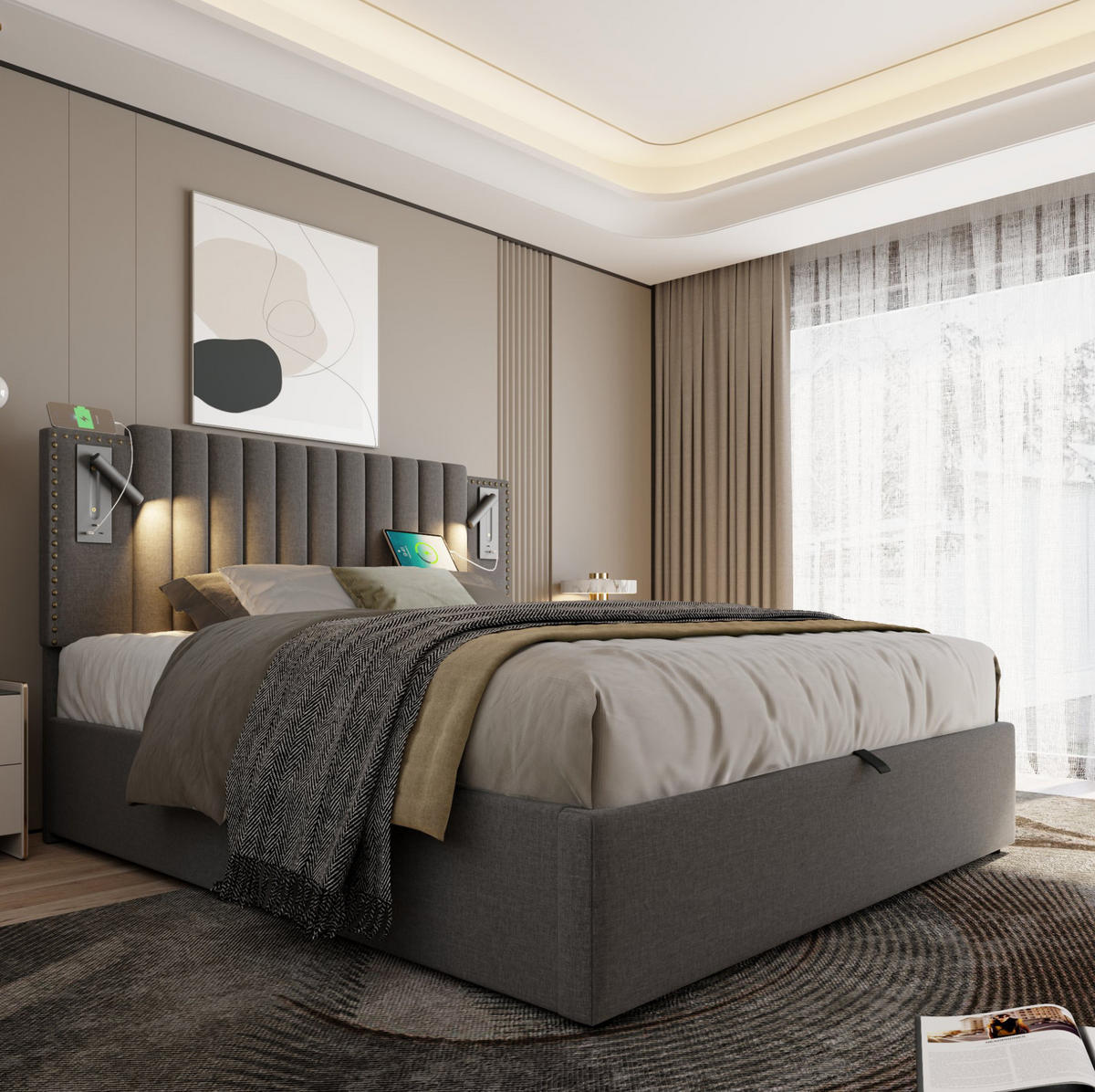 ČALOUNĚNÁ postel 160/200 cm šedá z bavlny s úložným prostorem, čtecím světlem a USB - šedá, textil (160/200cm) - OKWISH