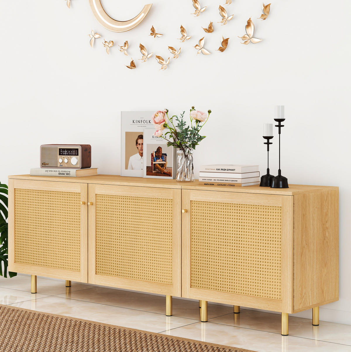 BOČNÍ skříň 180/40/63 cm přírodní z MDF s modulární konstrukcí a zlatými úchytkami - přírodní, kompozitní dřevo (180/63/40cm) - OKWISH
