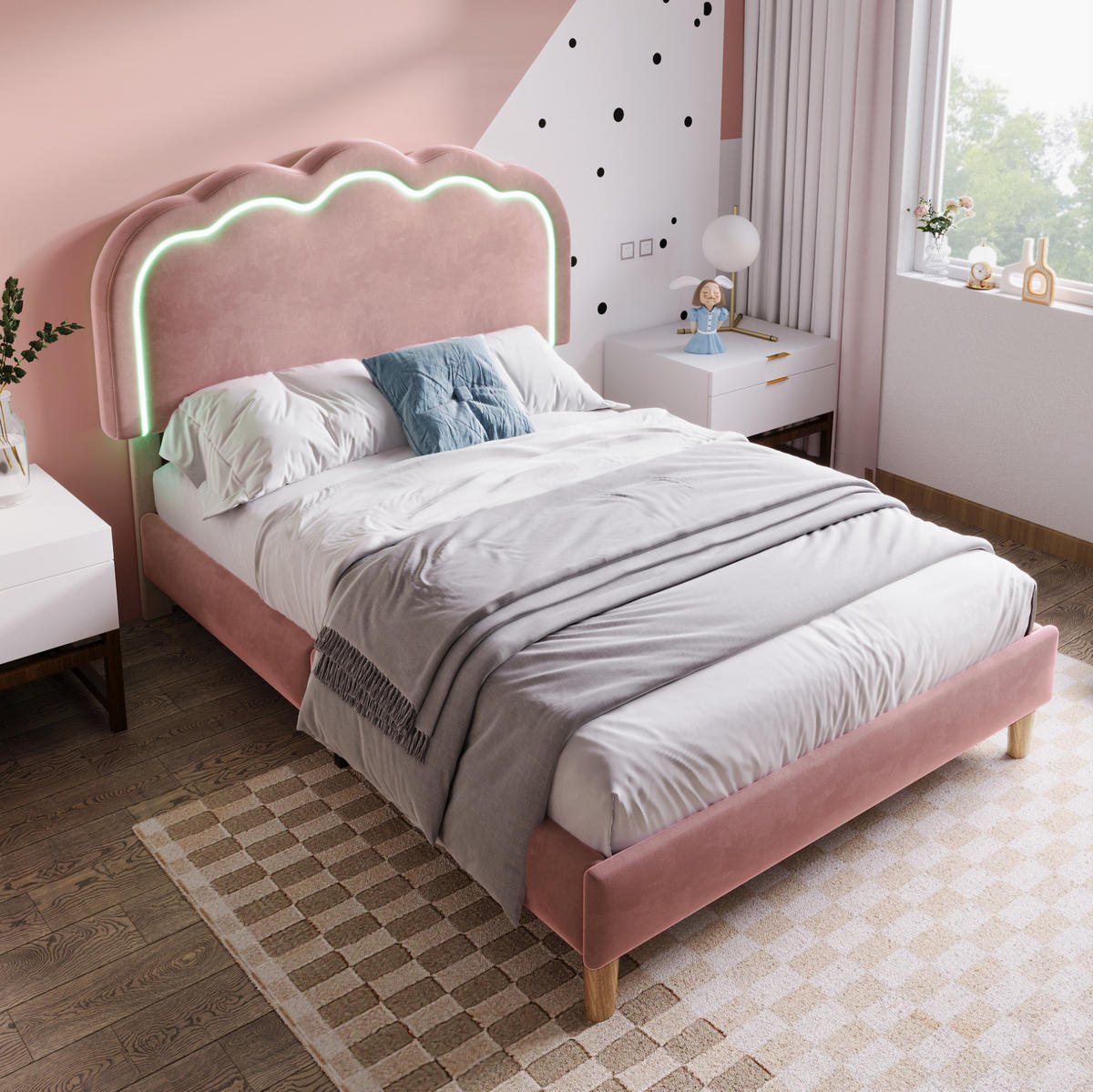 POLSTERBETT aus Samt 90x190 cm in Rosa mit LED-Beleuchtung - Rosa, Textil (90/200cm) - Modfu