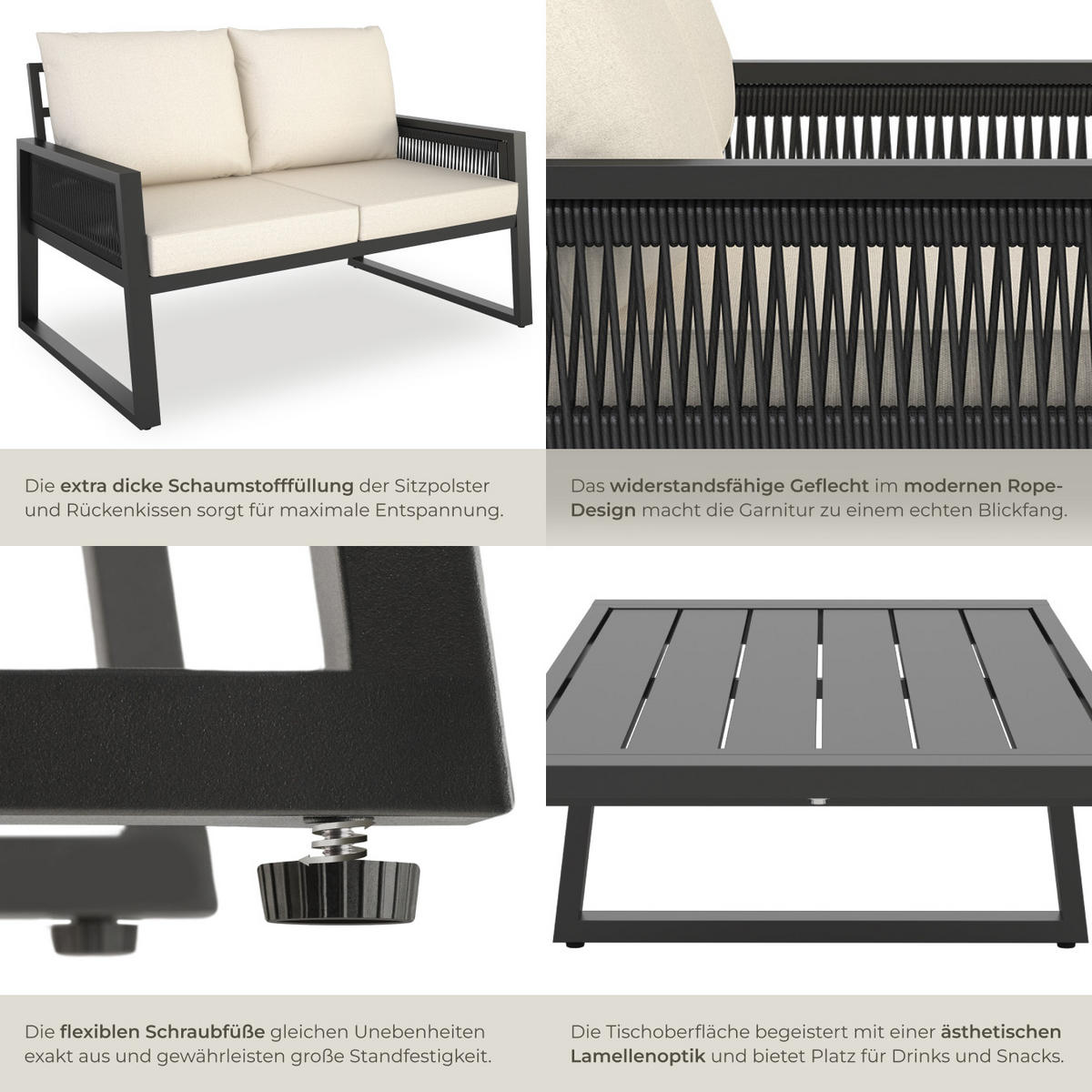 GARTENLOUNGE-SET Captive,höhenverstellbare Füße,anthrazit - Anthrazit, Kunststoff/Metall - tectake