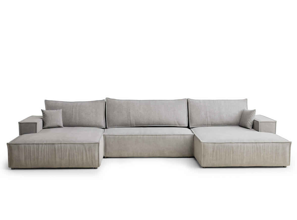 WOHNLANDSCHAFT Kyoto Grau Beige Webstoff - Schwarz/Grau, Holz/Holzwerkstoff (398/70/148cm) - Maison de Reve