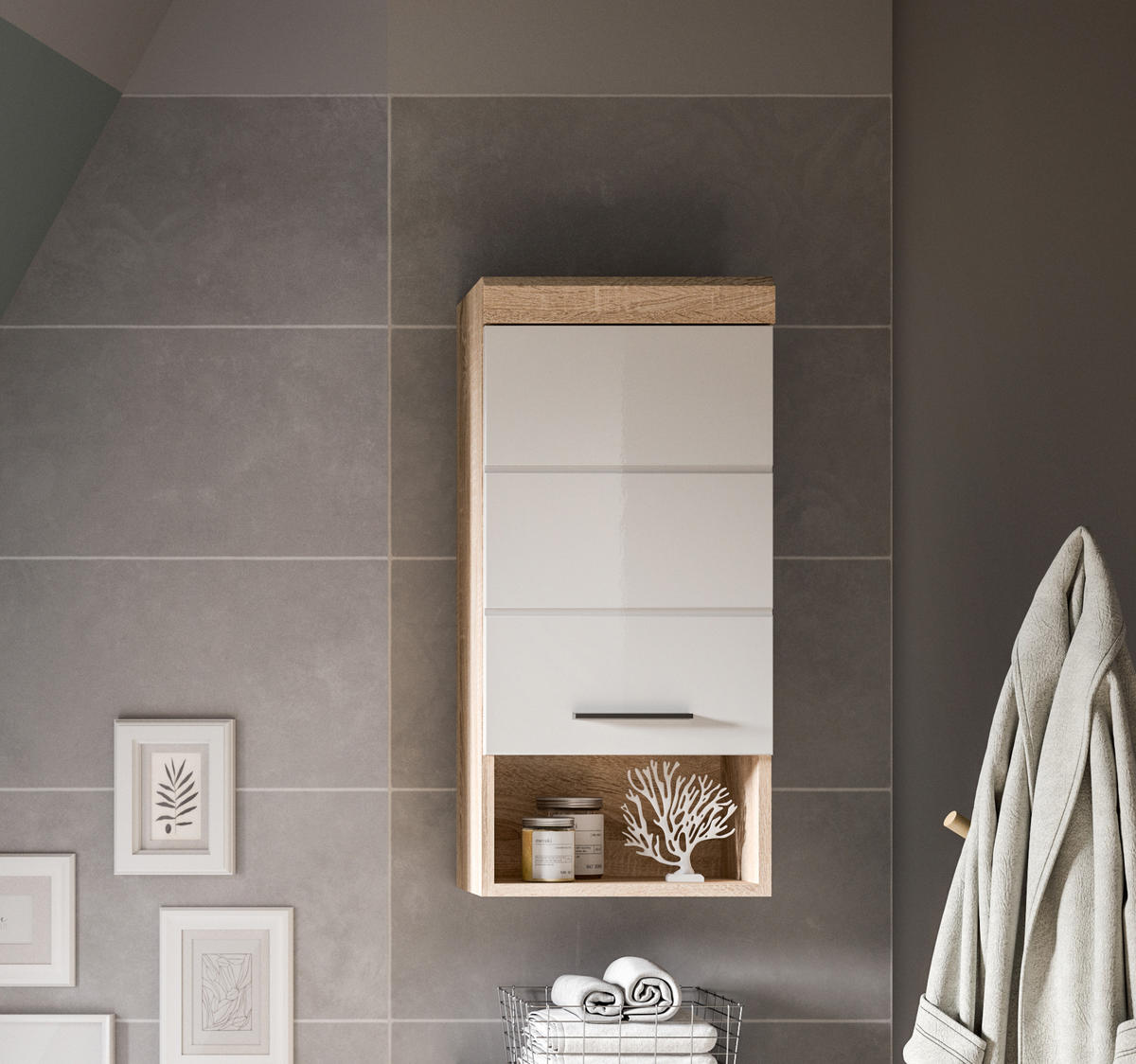 HÄNGESCHRANK Lambada Bad in Sonoma Eiche hell und weiß hochglanz B/H/T: 37x79x24 cm - Eichefarben, Holz (37/79/24cm)