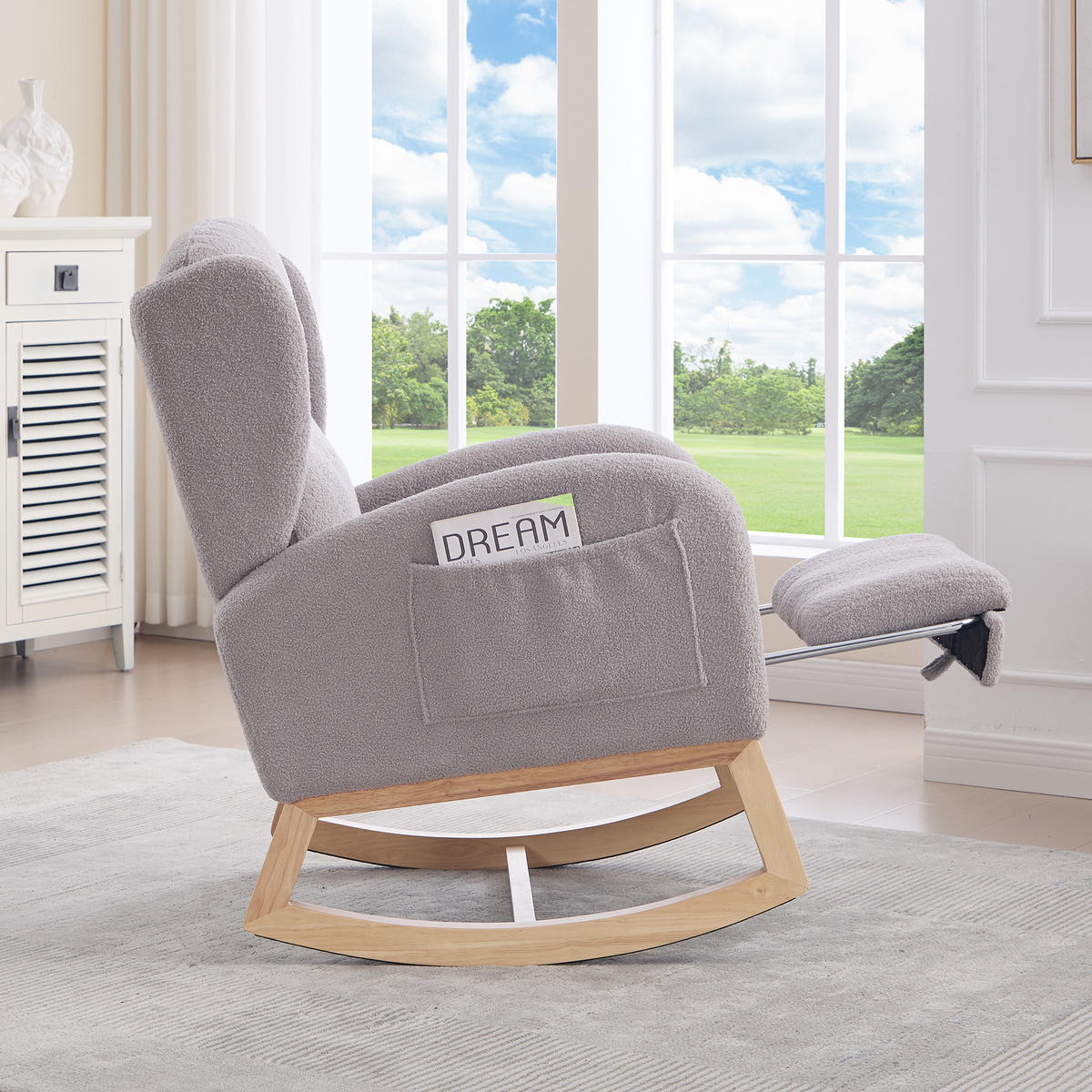 SCHAUKELSTUHL Teddy-Stoff mit Fußstütze und Seitentaschen 122.5/70/104 cm Grau - Grau, Textil (70/104/122.5cm) - Redom