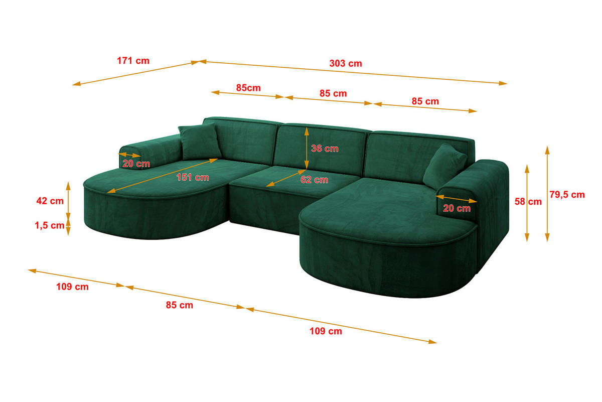 WOHNLANDSCHAFT MARI-U1 - 303x171x79 cm Grün Velours - Schwarz/Grün, Holzwerkstoff/Kunststoff (303/79/171cm) - ALTDECOR