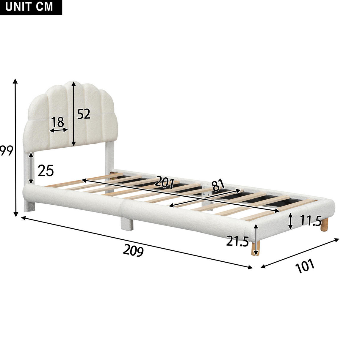 KINDERBETT 90/200 cm mit gepolstertem Blüten-Kopfteil aus Plüsch, Weiß - Weiß, Textil (90/200cm) - Redom