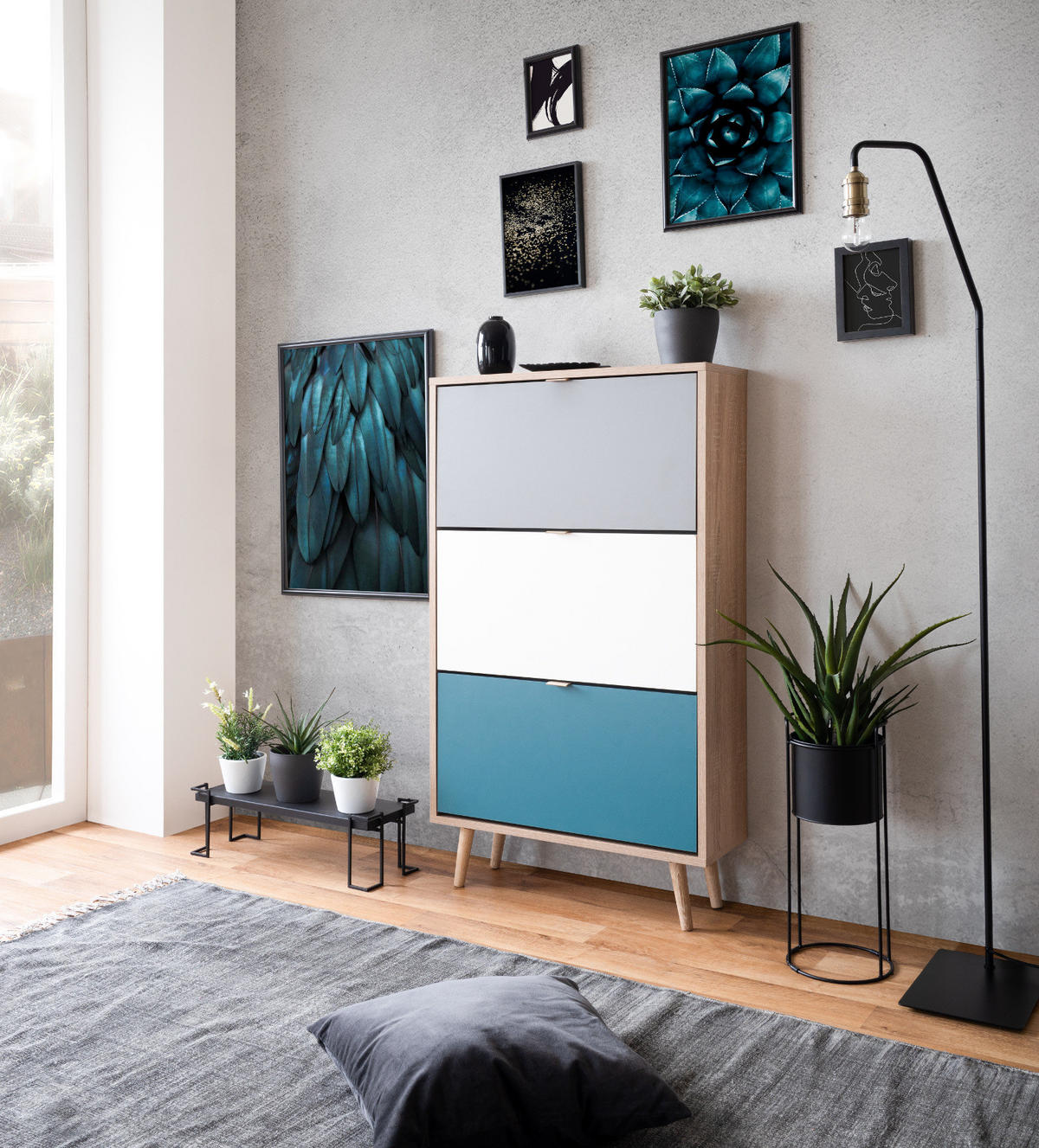 SCHUHKIPPER Eiche Sonoma, Petrol, weiß und grau, Schuhschrank Tricolor skandinavisch - Eichefarben/Petrol, Holz/Holzwerkstoff (70/125/24cm) - Furn.Design