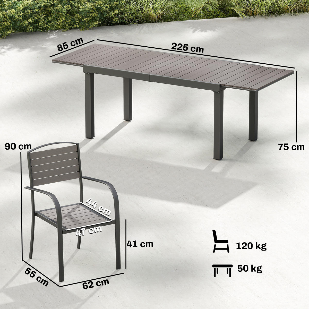 GARTEN-ESSSET 9-teilig,Aluminiumtisch+8 Stühle,grau - Grau, Holzwerkstoff - Vallsero