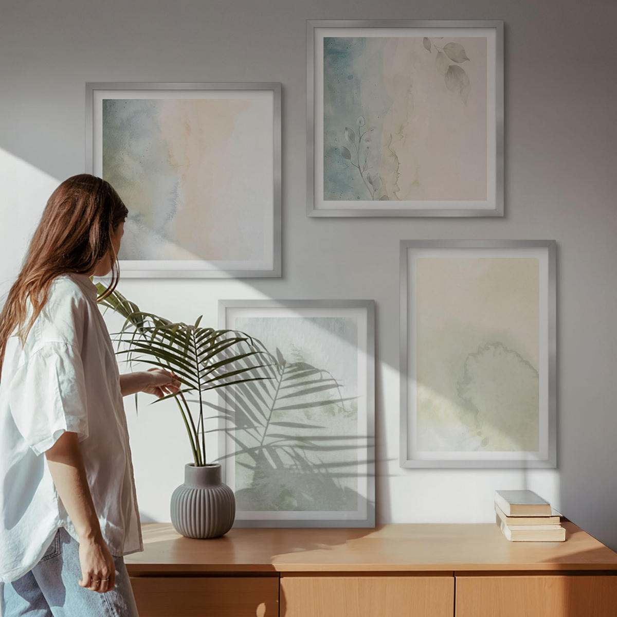 BILDER SET 4er Set - 50x50 cm & 40x60 cm Silberner Rahmen - Pastellfarbene Aquarell-Leinwandtextur - Silberfarben, Kunststoff (50/50cm) - TULUP
