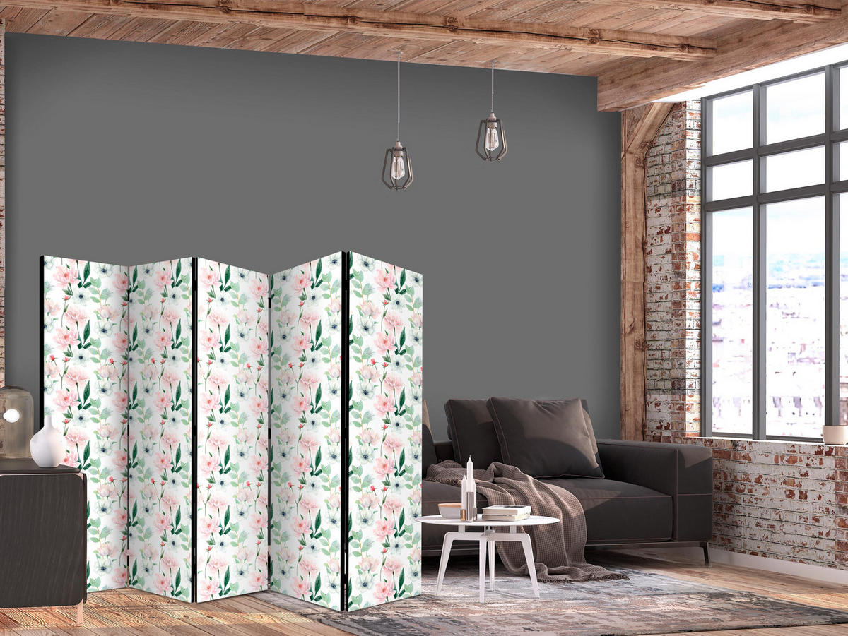 PARAVÁN Jednostranný 5-dielny 225x172 cm Pivonky Kvety - viacfarebná, drevo/textil (225/172/3cm) - Muralo