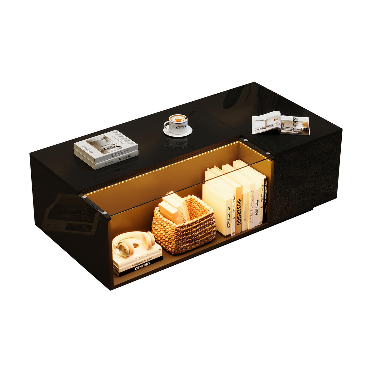 COUCHTISCH 100/50/35 cm mit LED Schwarz aus gehärtetem Glas 2 Schubladen - Schwarz, Holzwerkstoff (100/50/35cm) - OKWISH